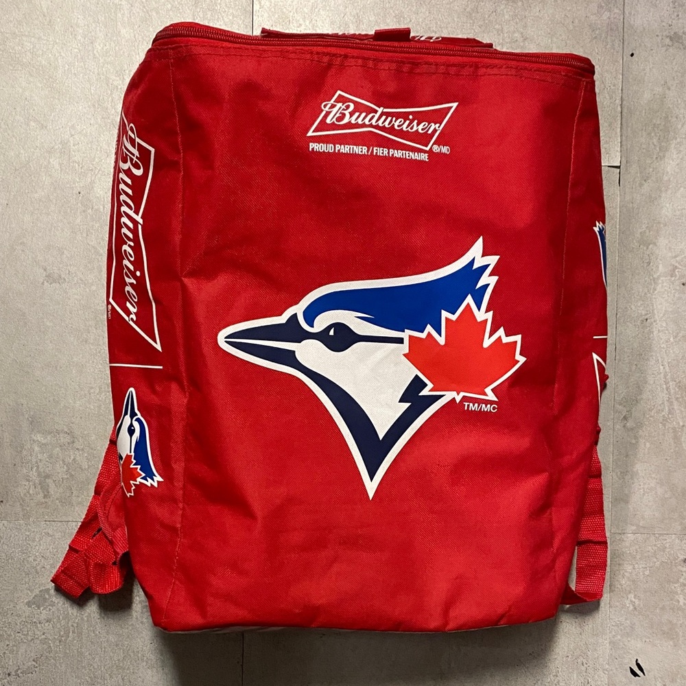 Budweiser Red Cooler Backpack with Blue and White Toronto Blue Jays Logo